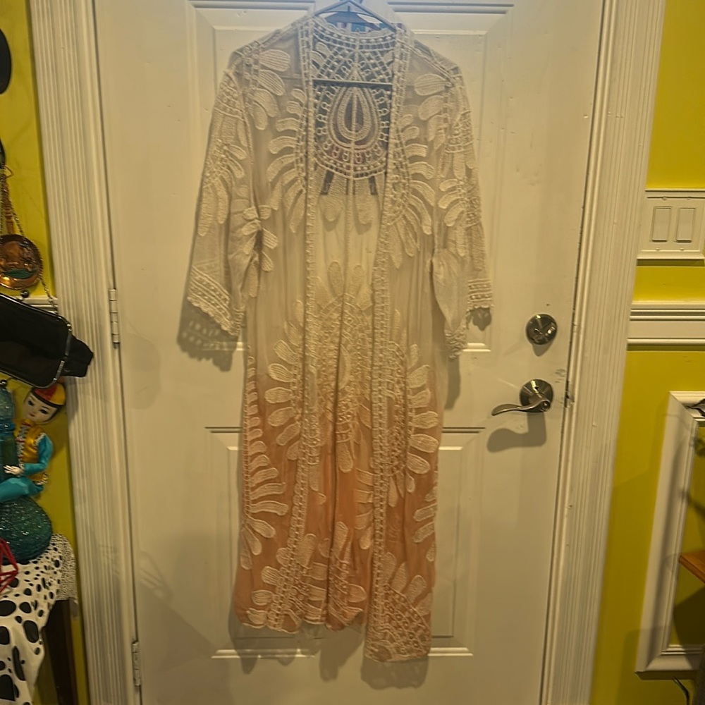 Vintage Style Lace Kimono Robe Duster Orange Ombre